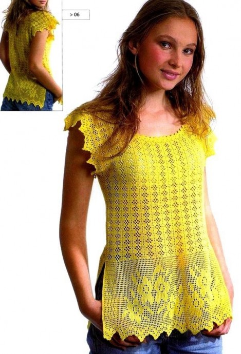 Желтая блузка филейным узором