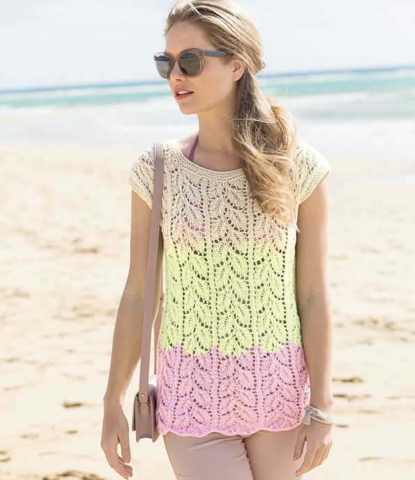 Трехцветный топ с ажурными листьями