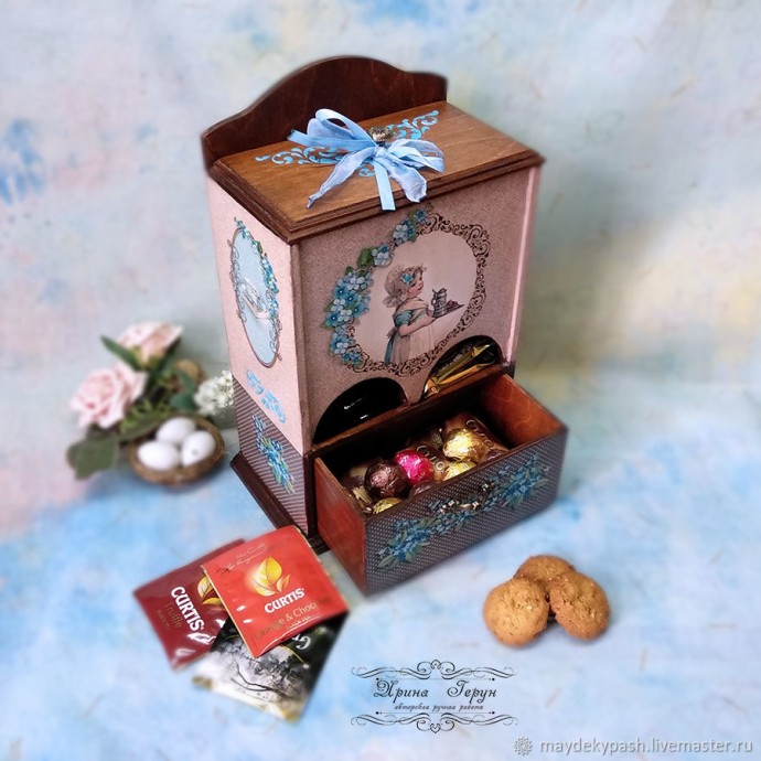 Декупаж буфетика "Незабудки" для чайных пакетиков: часть 3
