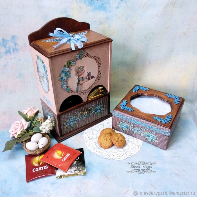Декупаж буфетика "Незабудки" для чайных пакетиков: часть 3